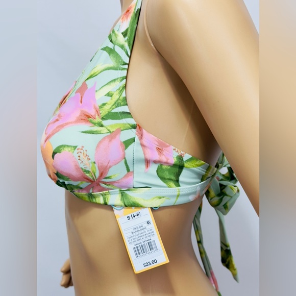 Kona Sol Light Green Tropical Bikini Top Crisscross Back S(4-6) - Picture 5 of 8